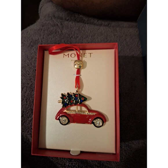 2024 Monet Red VW Bug Car Carrying Christmas Tree With Rhinestones Ornament - Picture 3 of 4